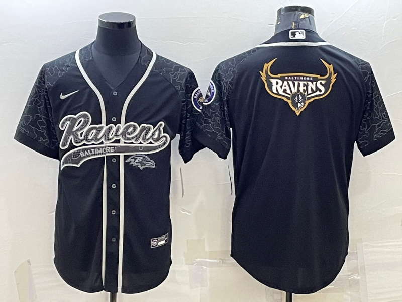 Men's Baltimore Ravens Black Reflective Team Big Logo With Patch Cool Base Stitched Baseball Jersey Men's Baltimore Ravens Black Reflective Team Big Logo With Patch Cool Base Stitched Baseball Jersey